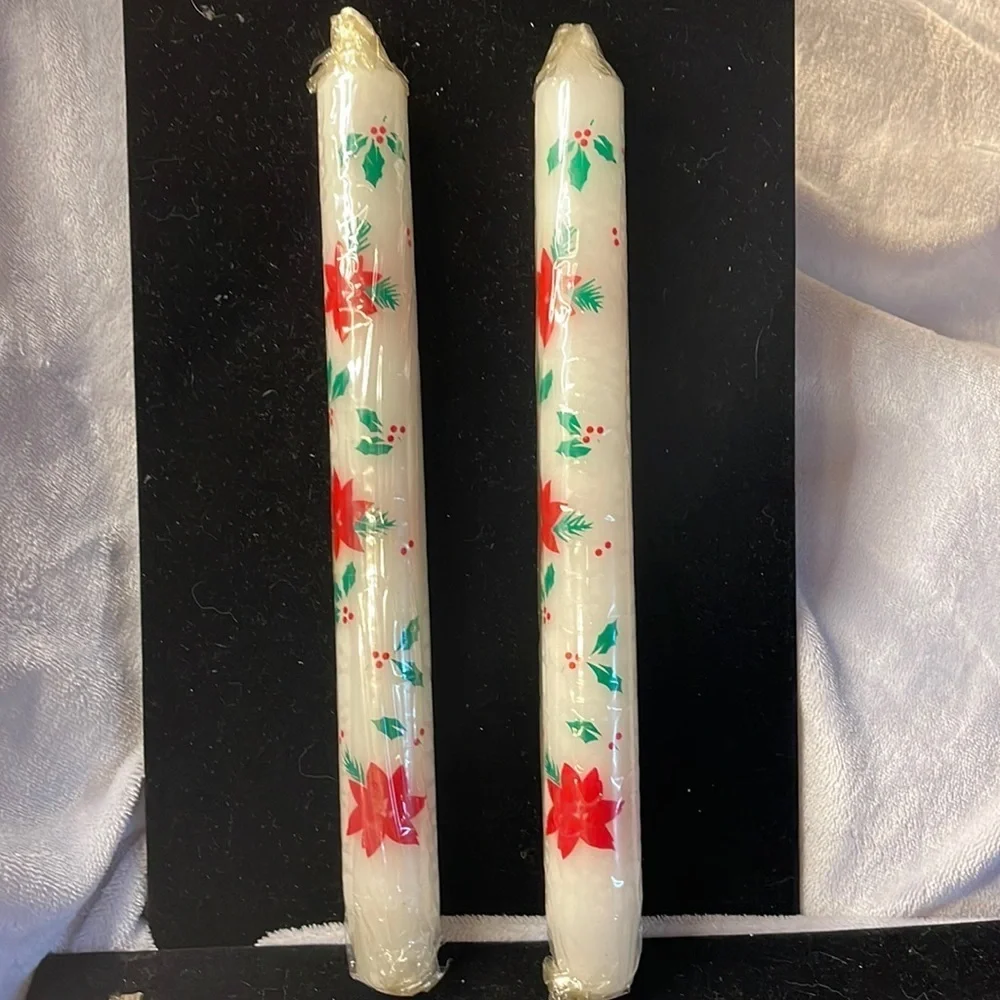 Avon Festive Holiday Taper Candles (Vtg) 2 Poinsettia decorated NIB